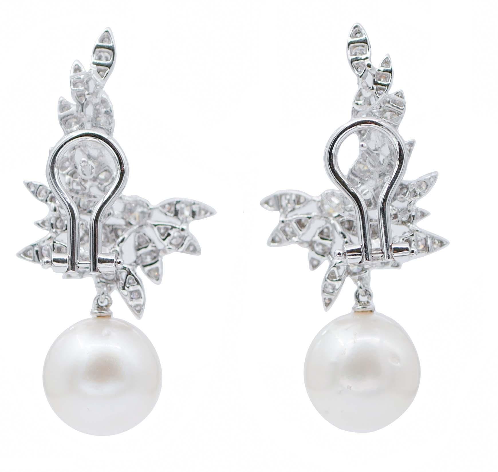 Retro South-Sea Pearls, Diamonds, 18 Karat White Gold Earrings