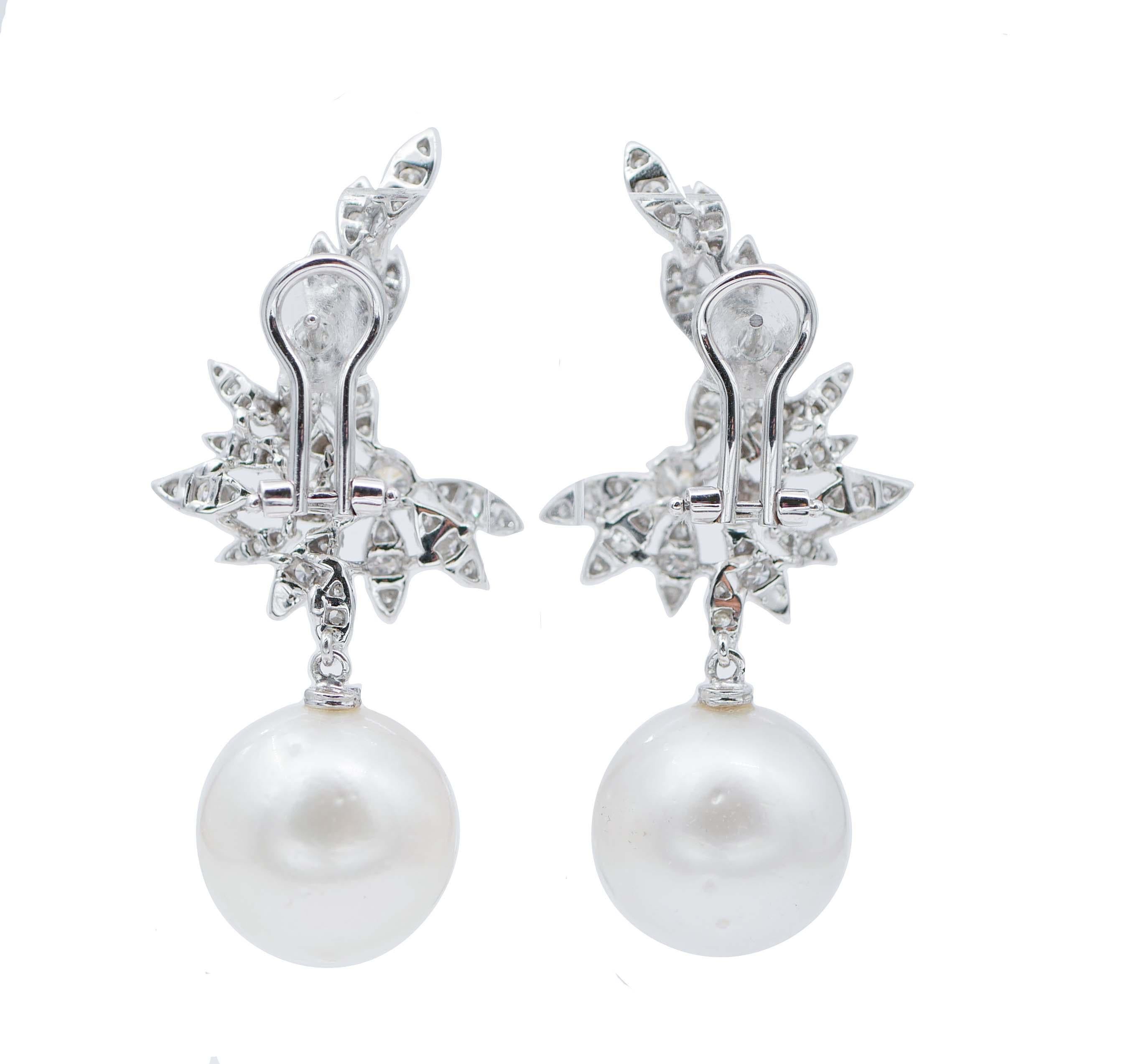 Retro South-Sea Pearls, Diamonds, 18 Karat White Gold Earrings For Sale