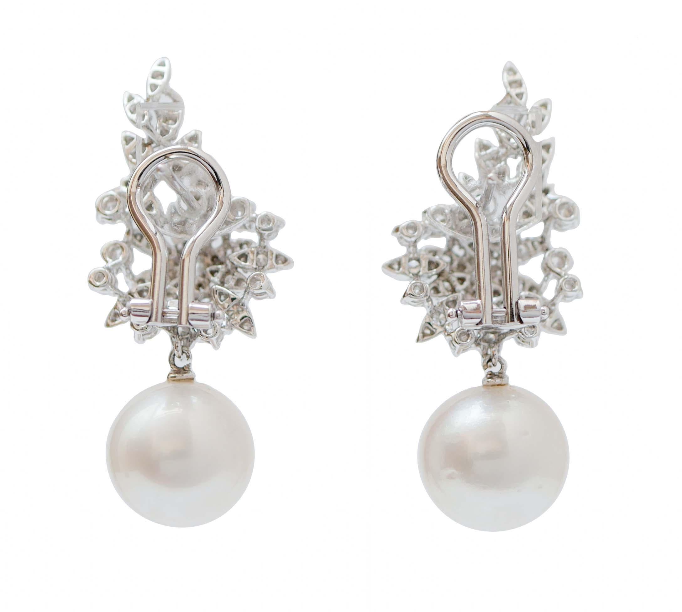 Retro South- Sea Pearls, Diamonds, 18 Karat White Gold Earrings. For Sale