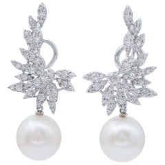 Vintage South-Sea Pearls, Diamonds, 18 Karat White Gold Earrings
