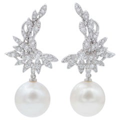 Vintage South-Sea Pearls, Diamonds, 18 Karat White Gold Earrings