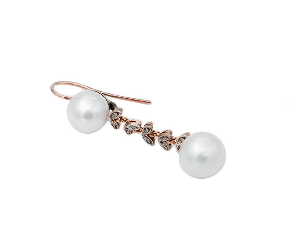 Retro South-Sea Pearls, Diamonds, 9 Karat Rose Gold and Silver Dangle Earrings For Sale