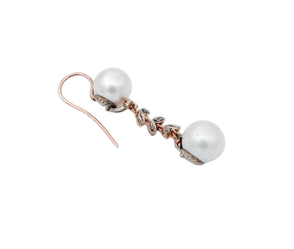 Round Cut South-Sea Pearls, Diamonds, 9 Karat Rose Gold and Silver Dangle Earrings For Sale