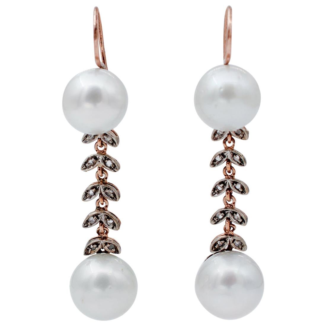 South-Sea Pearls, Diamonds, 9 Karat Rose Gold and Silver Dangle Earrings For Sale