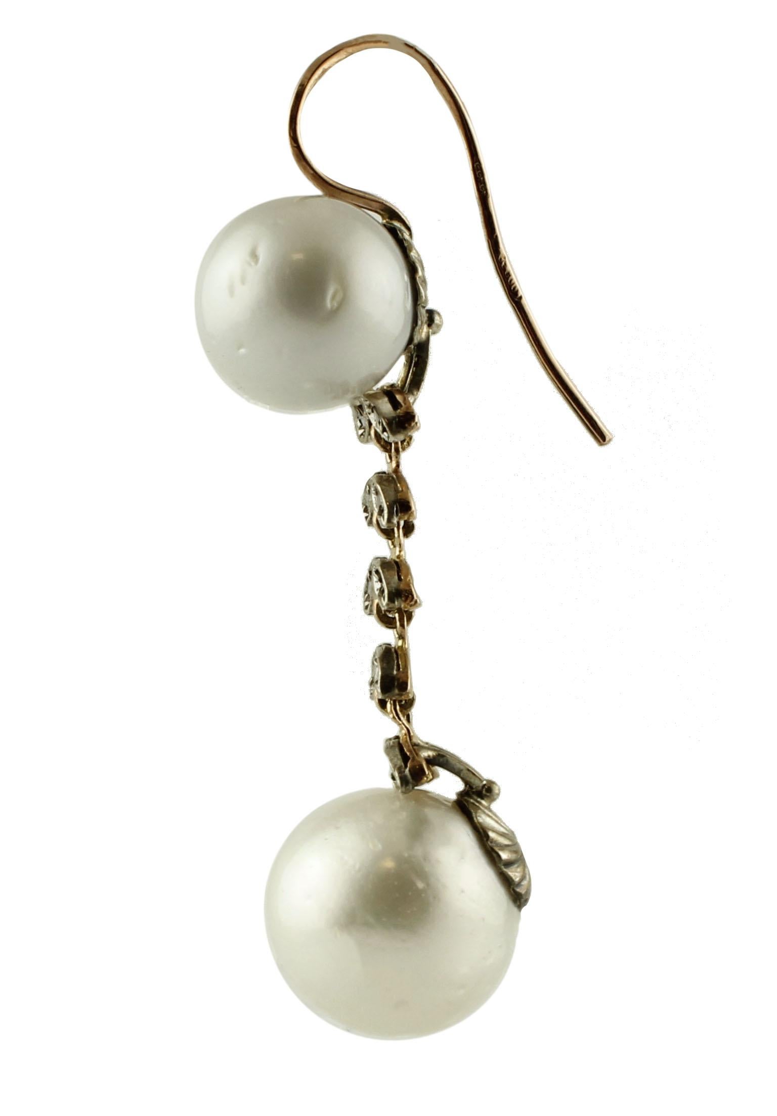 Retro South Sea Pearls, Diamonds, 9 Karat Rose Gold and Silver Dangle Earrings For Sale