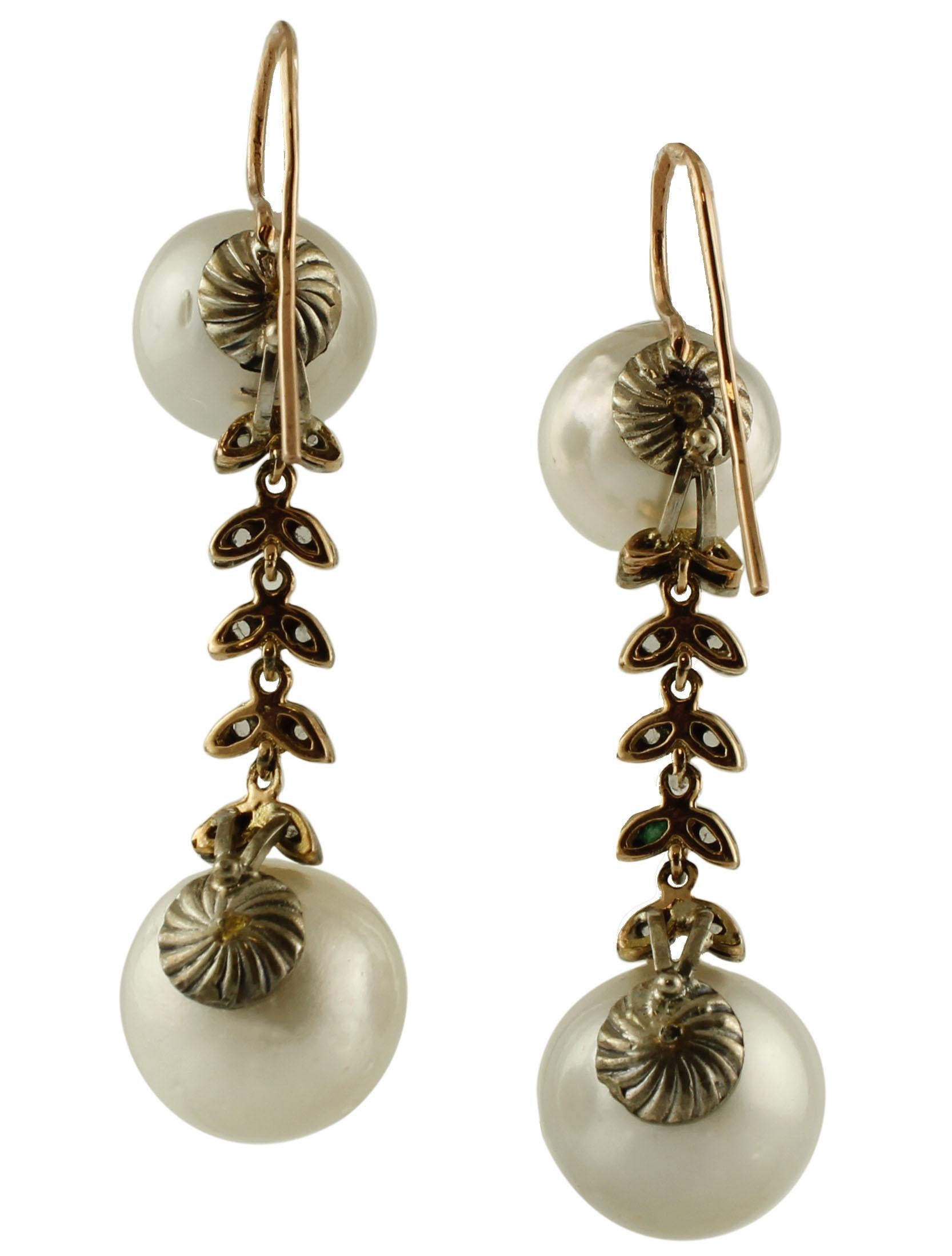 Mixed Cut South Sea Pearls, Diamonds, 9 Karat Rose Gold and Silver Dangle Earrings For Sale
