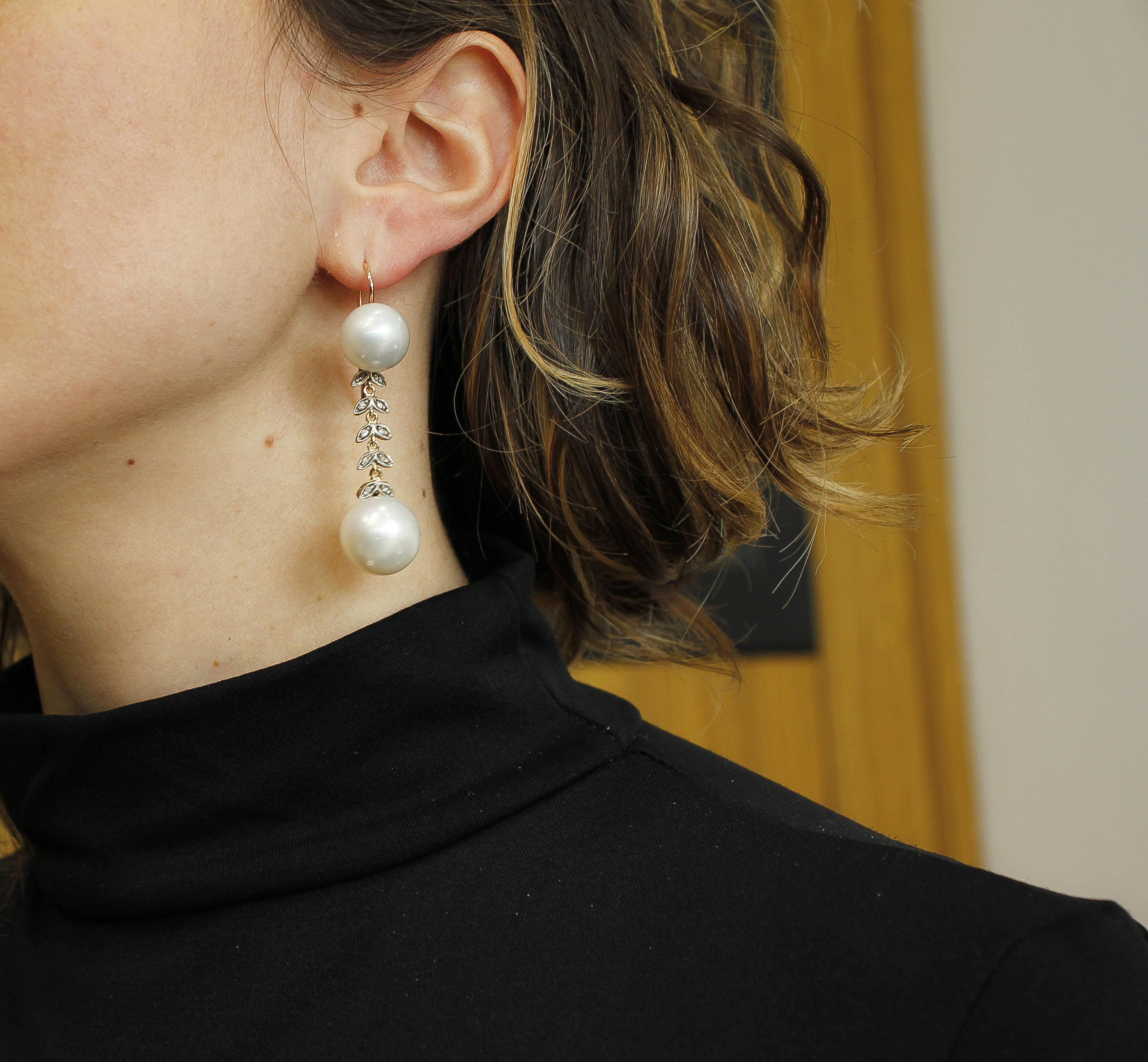 Südseeperlen, Diamanten, 9 Karat Roségold und Silber-Ohrringe im Zustand „Hervorragend“ im Angebot in Marcianise, Marcianise (CE)