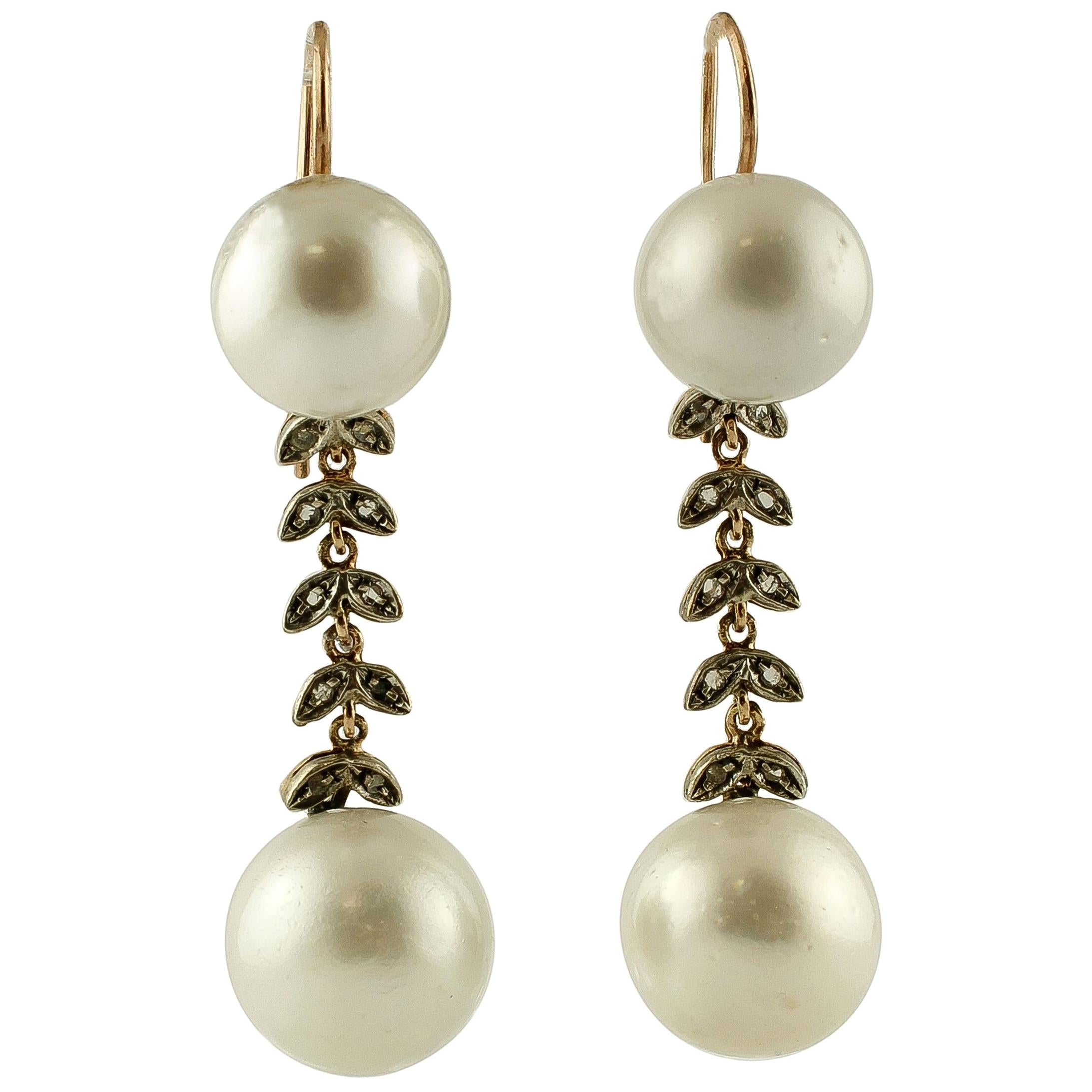 South Sea Pearls, Diamonds, 9 Karat Rose Gold and Silver Dangle Earrings