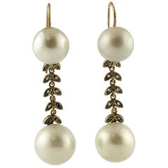 South Sea Pearls, Diamonds, 9 Karat Rose Gold and Silver Dangle Earrings
