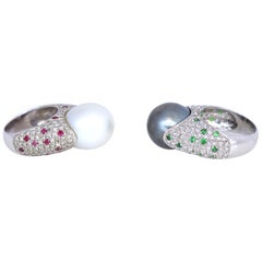 South Sea Pearls Diamonds Emeralds Rubies Pair of Rings 18 Karat White Gold