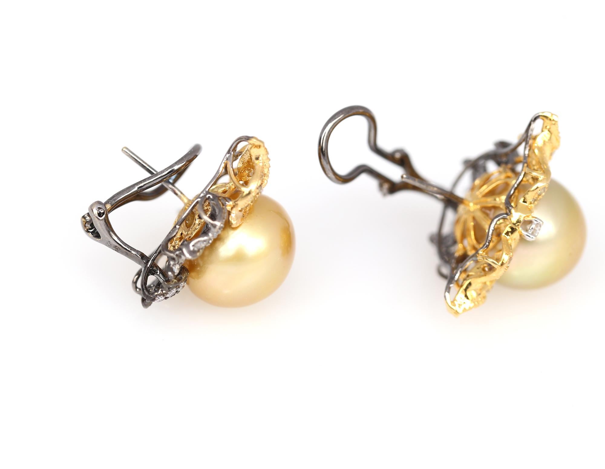 South Sea Pearls Earrings 15 mm Diamonds Yellow Black Gold, 1990 5