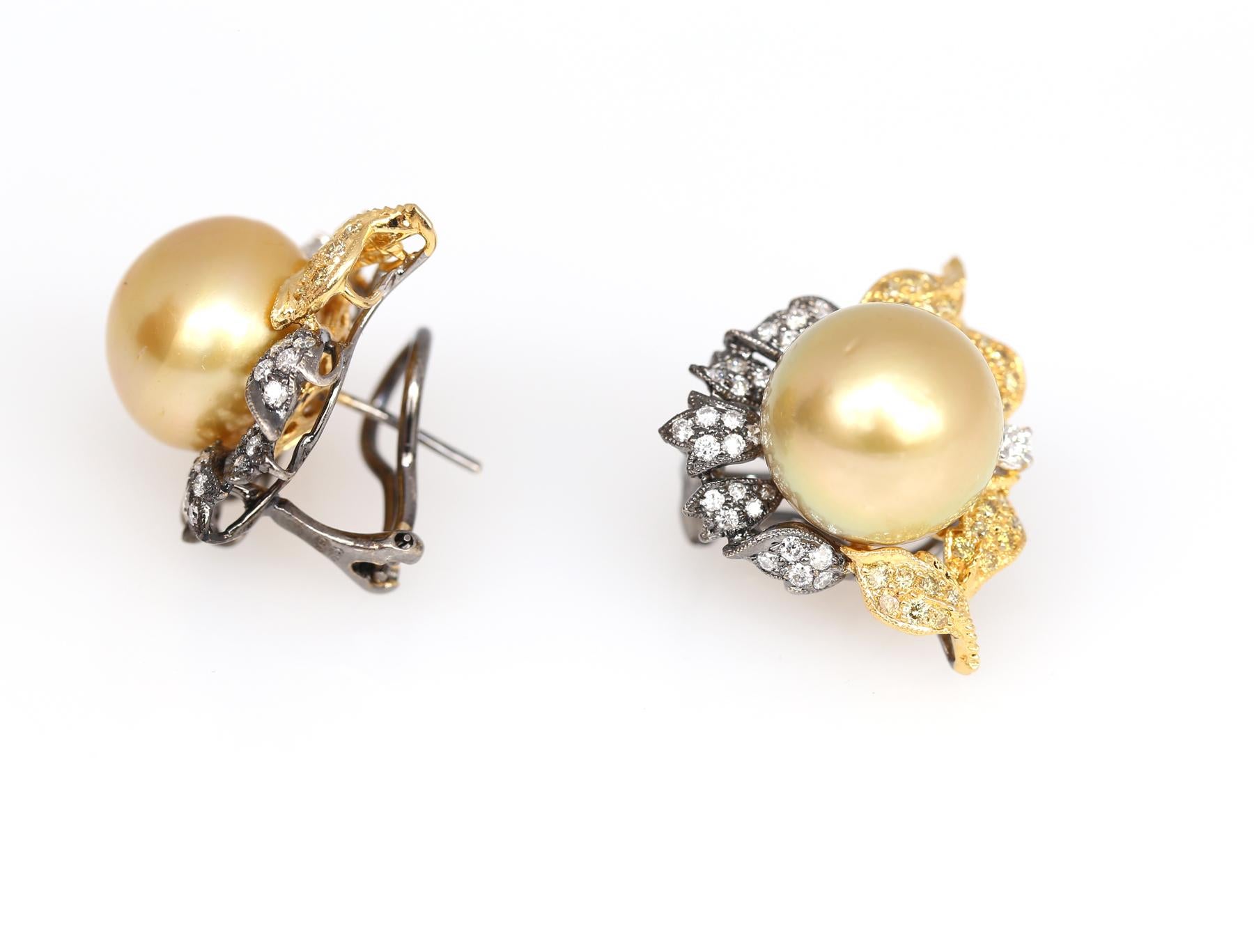 South Sea Pearls Earrings 15 mm Diamonds Yellow Black Gold, 1990 6