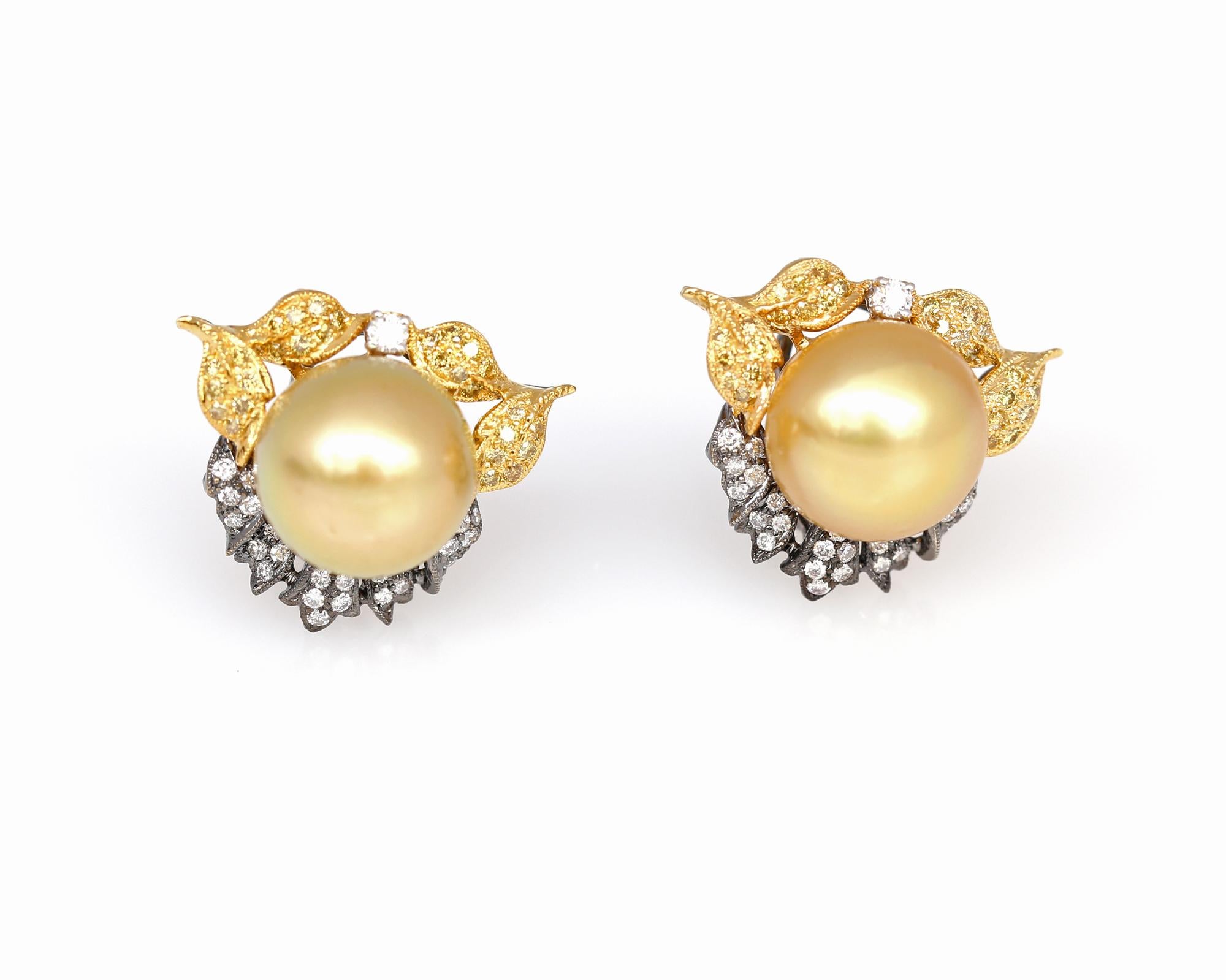 Round Cut South Sea Pearls Earrings 15 mm Diamonds Yellow Black Gold, 1990