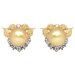 South Sea Pearls Earrings 15 mm Diamonds Yellow Black Gold, 1990