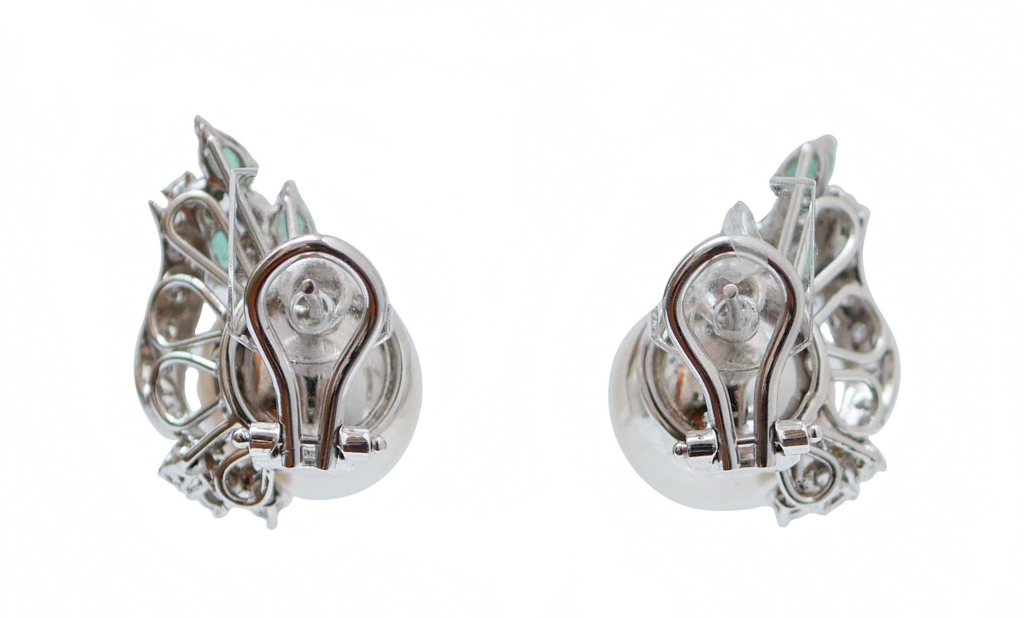 Retro South-Sea Pearls, Emeralds, Diamonds, 14 Karat White Gold Earrings. For Sale