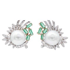 South-Sea Pearls, Emeralds, Diamonds, 18 Karat White Gold Earrings South-Sea Pearls, Emeralds, Diamonds, 18 Karat White Gold Earrings