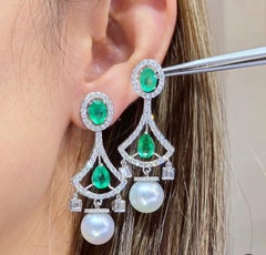 South Sea Pearls & Emeralds & Diamonds Chandelier Earrings