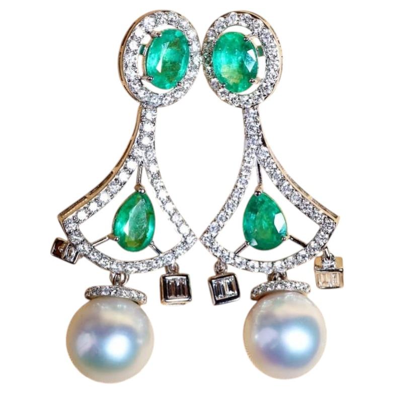 South Sea Pearls & Emeralds & Diamonds Chandelier Earrings For Sale