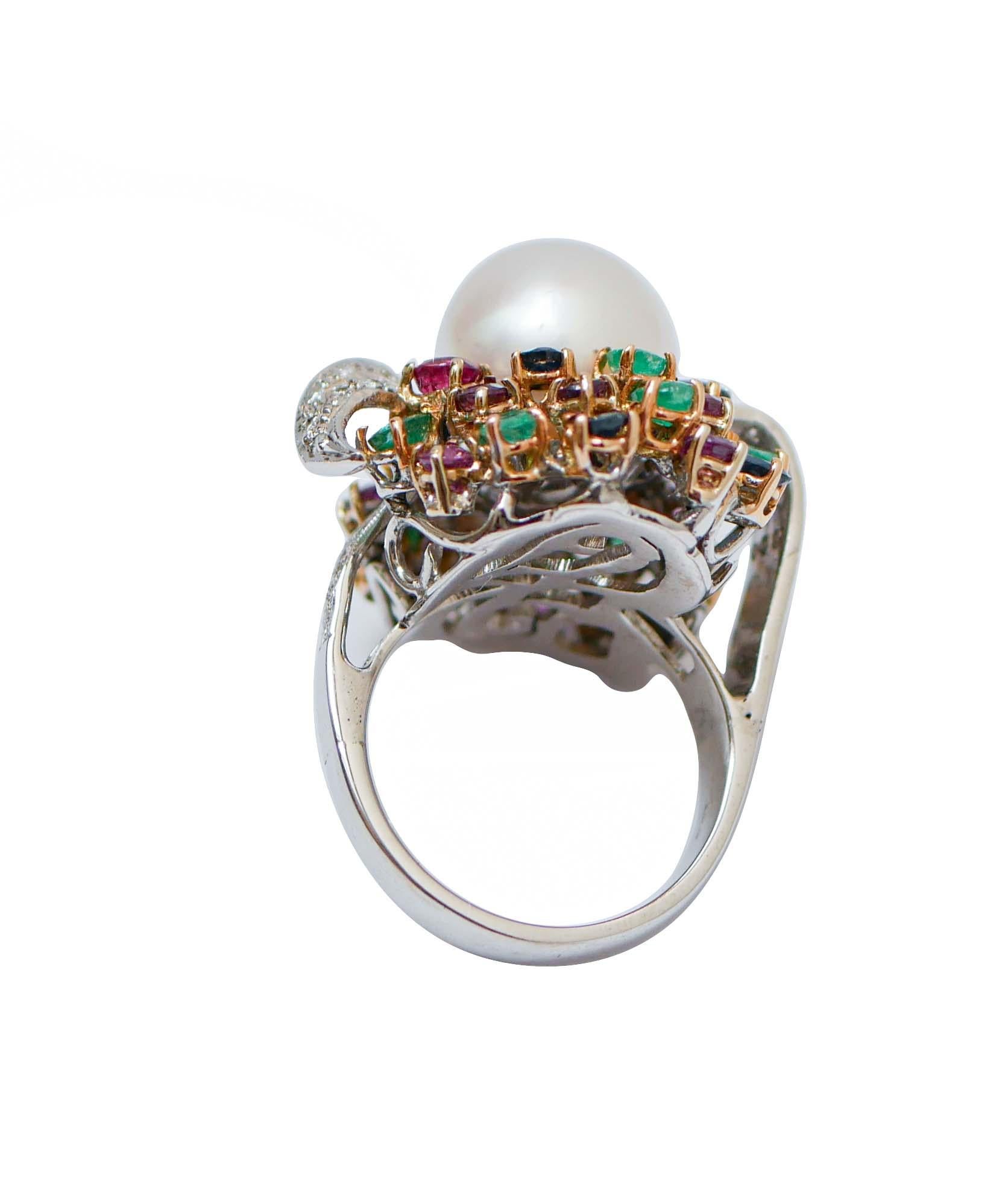Retro South-Sea Pearls, Emeralds, Rubies, Sapphires, Diamonds, 14 Kt White Gold Ring. For Sale