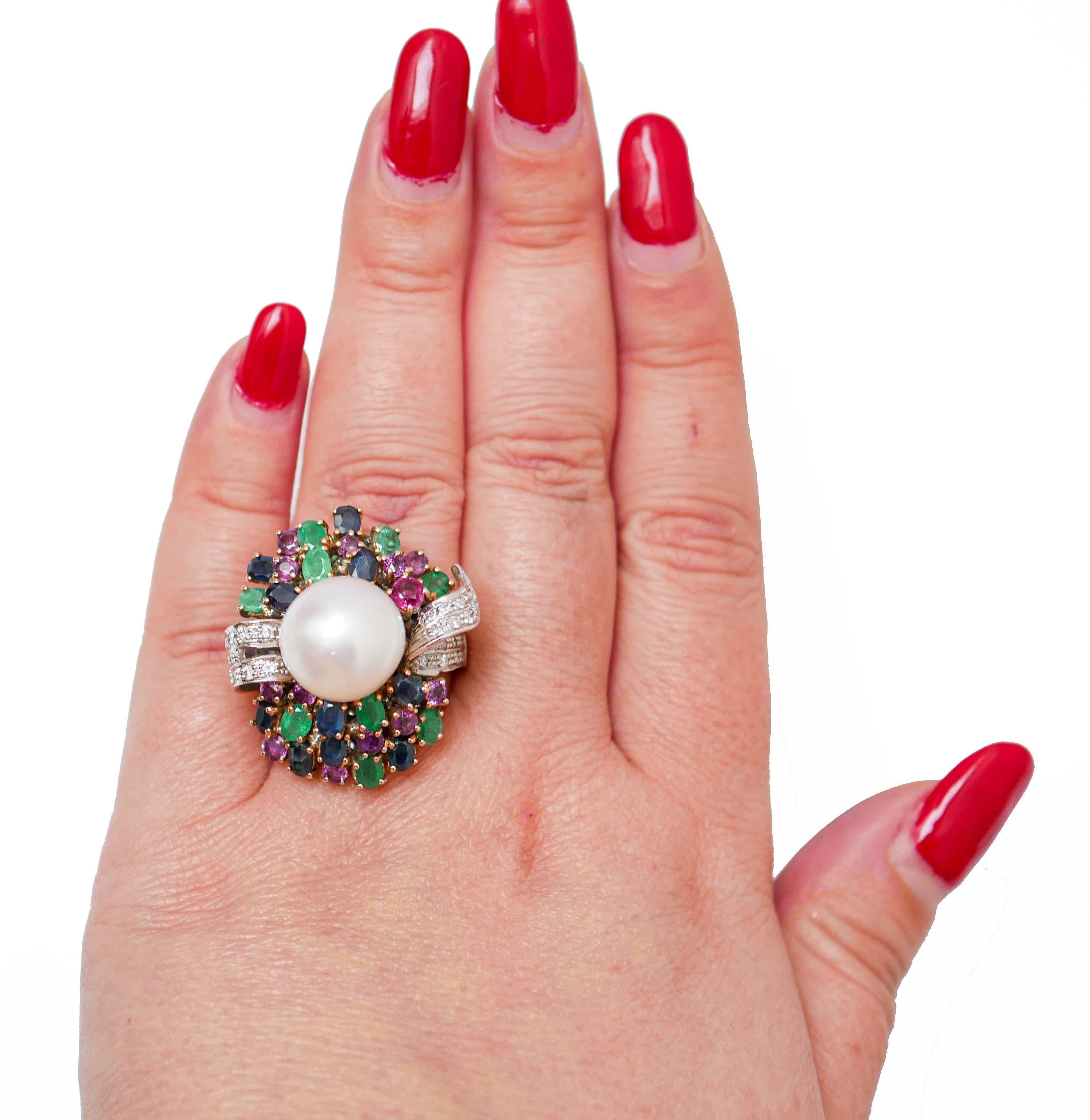 Mixed Cut South-Sea Pearls, Emeralds, Rubies, Sapphires, Diamonds, 14 Kt White Gold Ring. For Sale