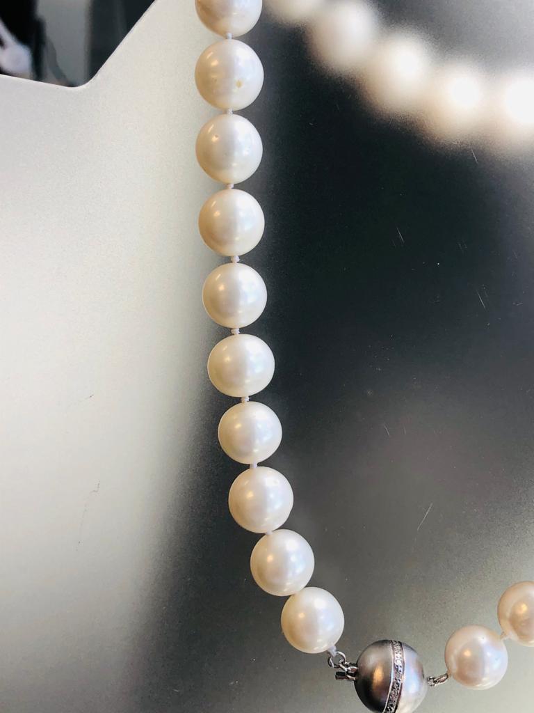 This Large Size Strand of Pearls with sizes from 8.mm /0.31 inches at the clasp to a center front pearl of 10mm /0.45 inches.

All pearls are a round shape and very evenly matched in their luster, surface quality which is completely clean with no
