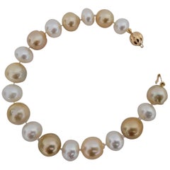 South Sea Pearls Golden & White Natural Color, 18 Karat Gold Bracelet