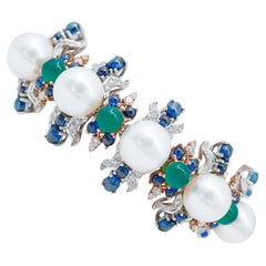 South-Sea Pearls, Green Agate, Sapphires, Diamonds, 14 Karat Gold Bracelet