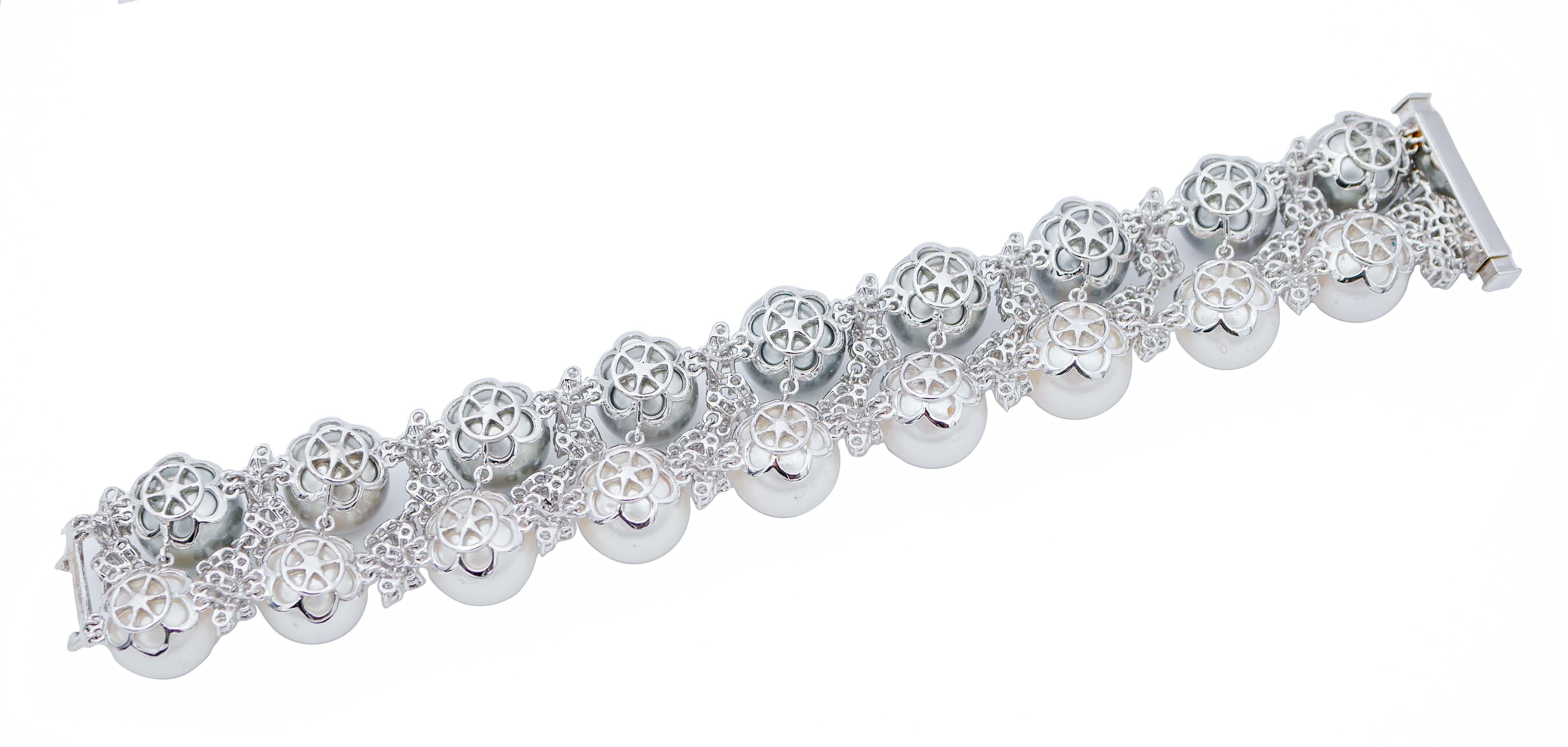 Retro South-Sea Pearls, Grey Pearls, Diamonds, 14 Karat White Gold Bracelet