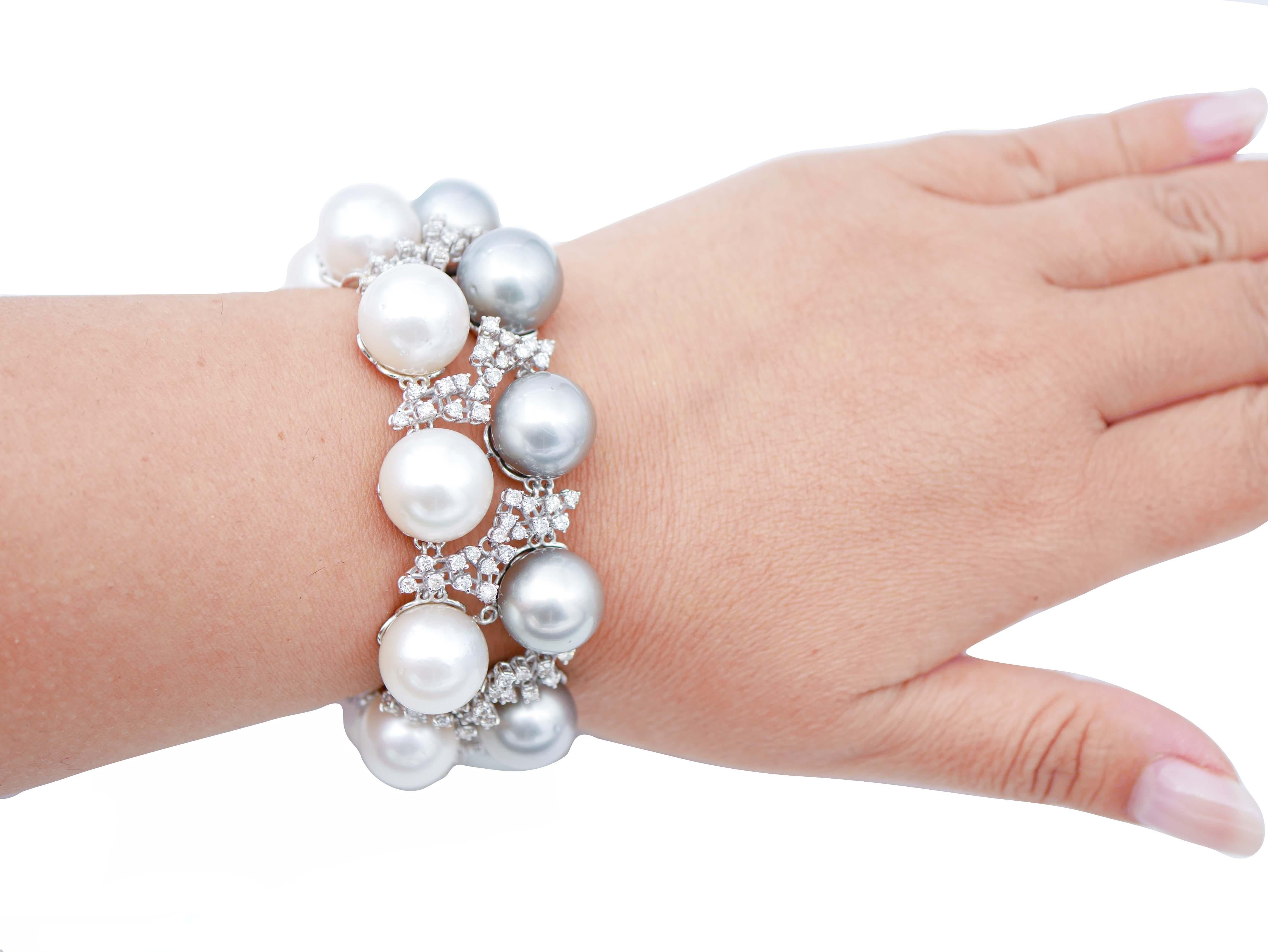 Mixed Cut South-Sea Pearls, Grey Pearls, Diamonds, 14 Karat White Gold Bracelet