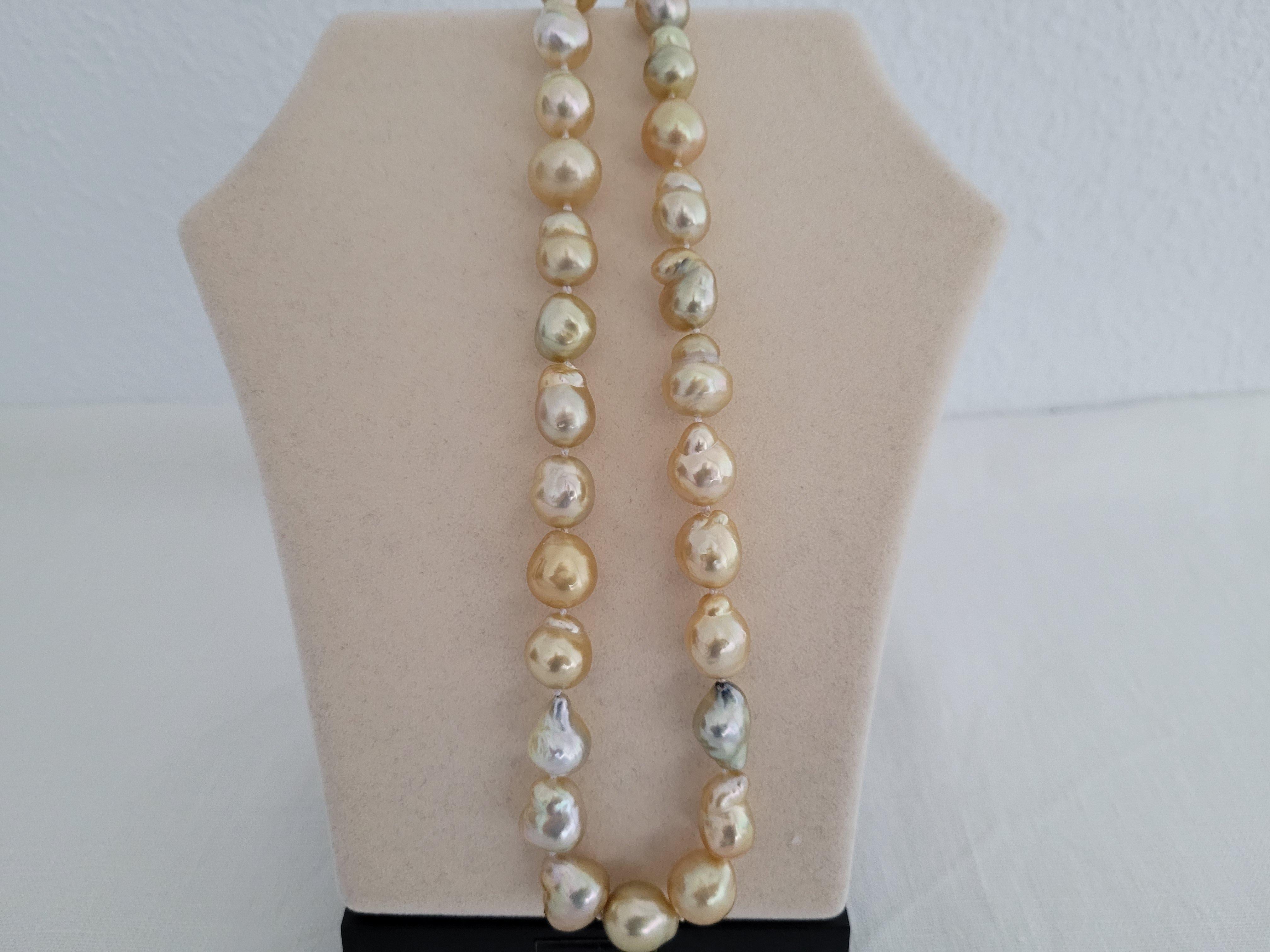 A Natural Color South Sea Pearls necklace of high quality.

- Size of Pearls 10-12 mm of diameter,

- Pearls from Pinctada Maxima Oyster

- Origin: Indonesia ocean waters

- Natural Color pearls Deep Golden 

- Very High Natural luster and orient

-