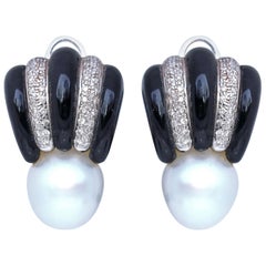 South Sea Pearls Onyx Diamonds Earrings 18 Karat White Gold