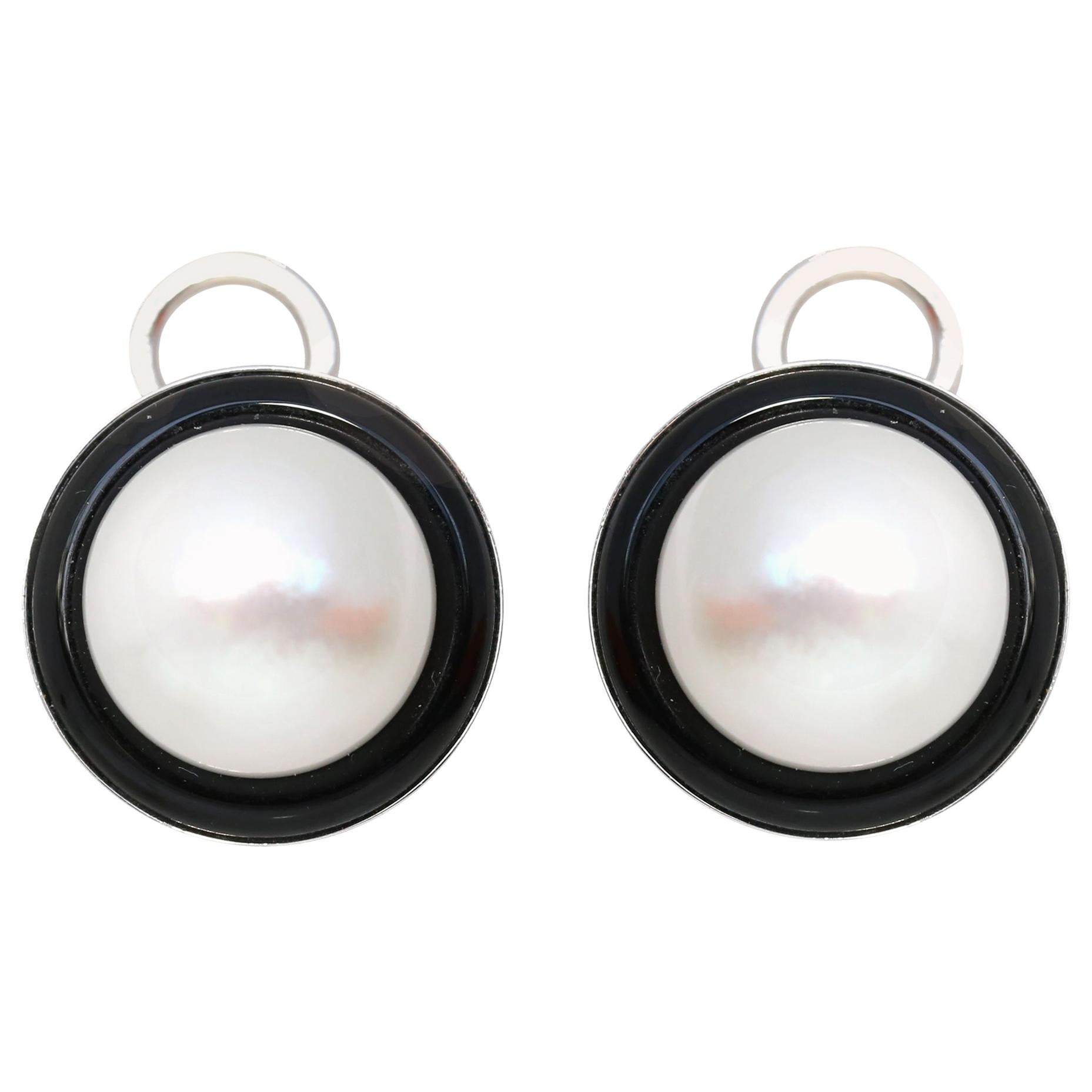 South Sea Pearls Onyx Earrings 14 Karat White Gold