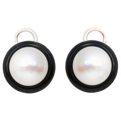 South Sea Pearls Onyx Earrings 14 Karat White Gold
