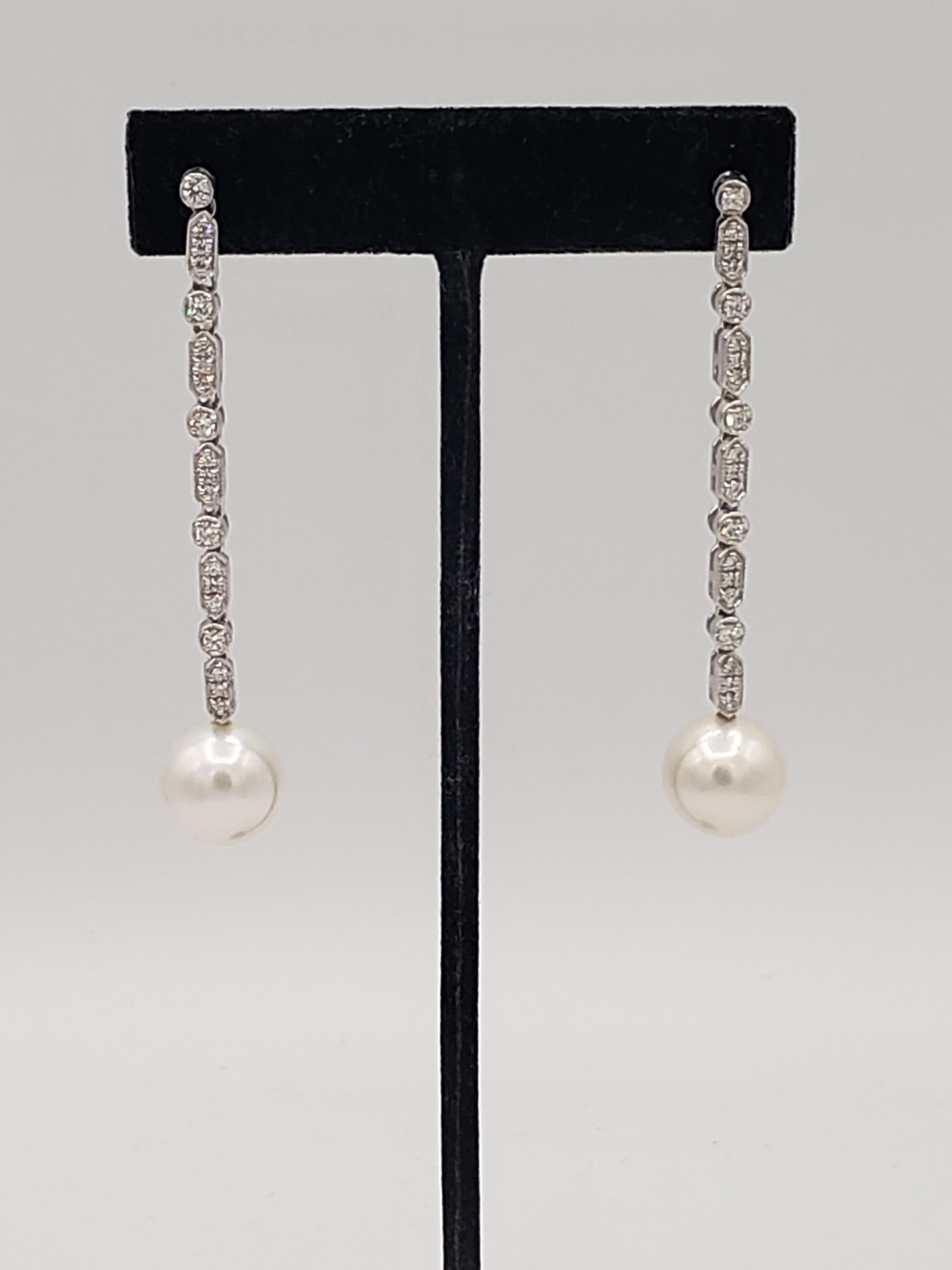 NEW South Sea Pearls Perfectly Round AAAA Grade Dangling Diamond Earrings For Sale 6