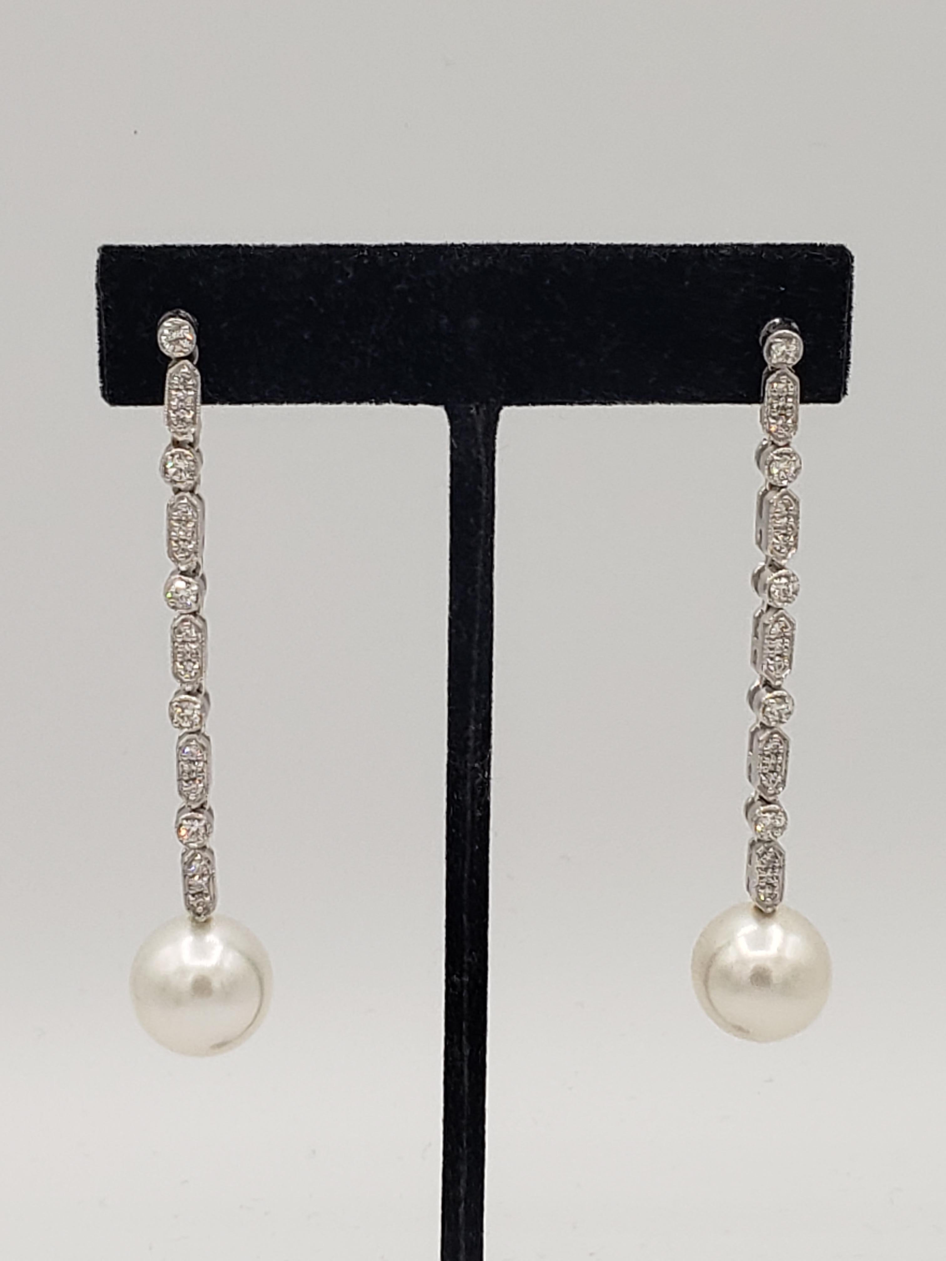 NEW South Sea Pearls Perfectly Round AAAA Grade Dangling Diamond Earrings For Sale 7