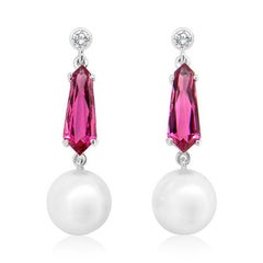 South Sea Pearls, Pink Tourmaline and Diamond Drop Earrings