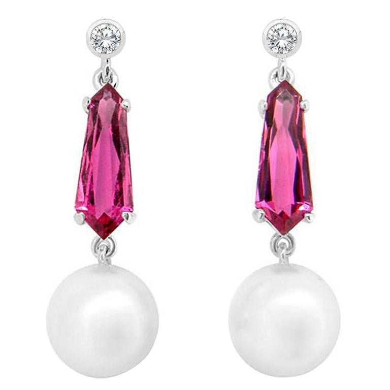 South Sea Pearls, Pink Tourmaline and Diamond Drop Earrings For Sale