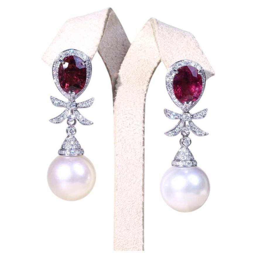 South Sea Pearls & Rubellite Tourmaline & Diamonds 18K Gold Earrings
