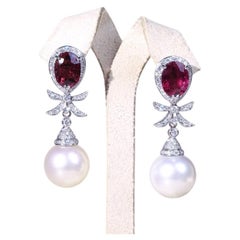 South Sea Pearls & Rubellite Tourmaline & Diamonds 18K Gold Earrings