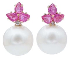 South-Sea Pearls, Rubies, Diamonds, 14 Karat Rose Gold Dangle Earrings