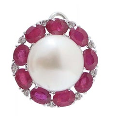 South-Sea Pearls, Rubies, Diamonds, 14 Karat White Gold Earrings.