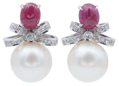 Vintage South-Sea Pearls, Rubies, Diamonds, Platinum Earrings