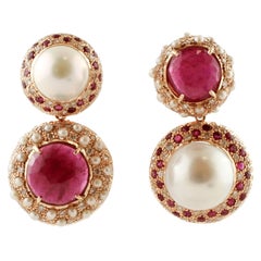 South Sea Pearls, Rubies, Diamonds, Rose Gold Retro Dangle Earrings