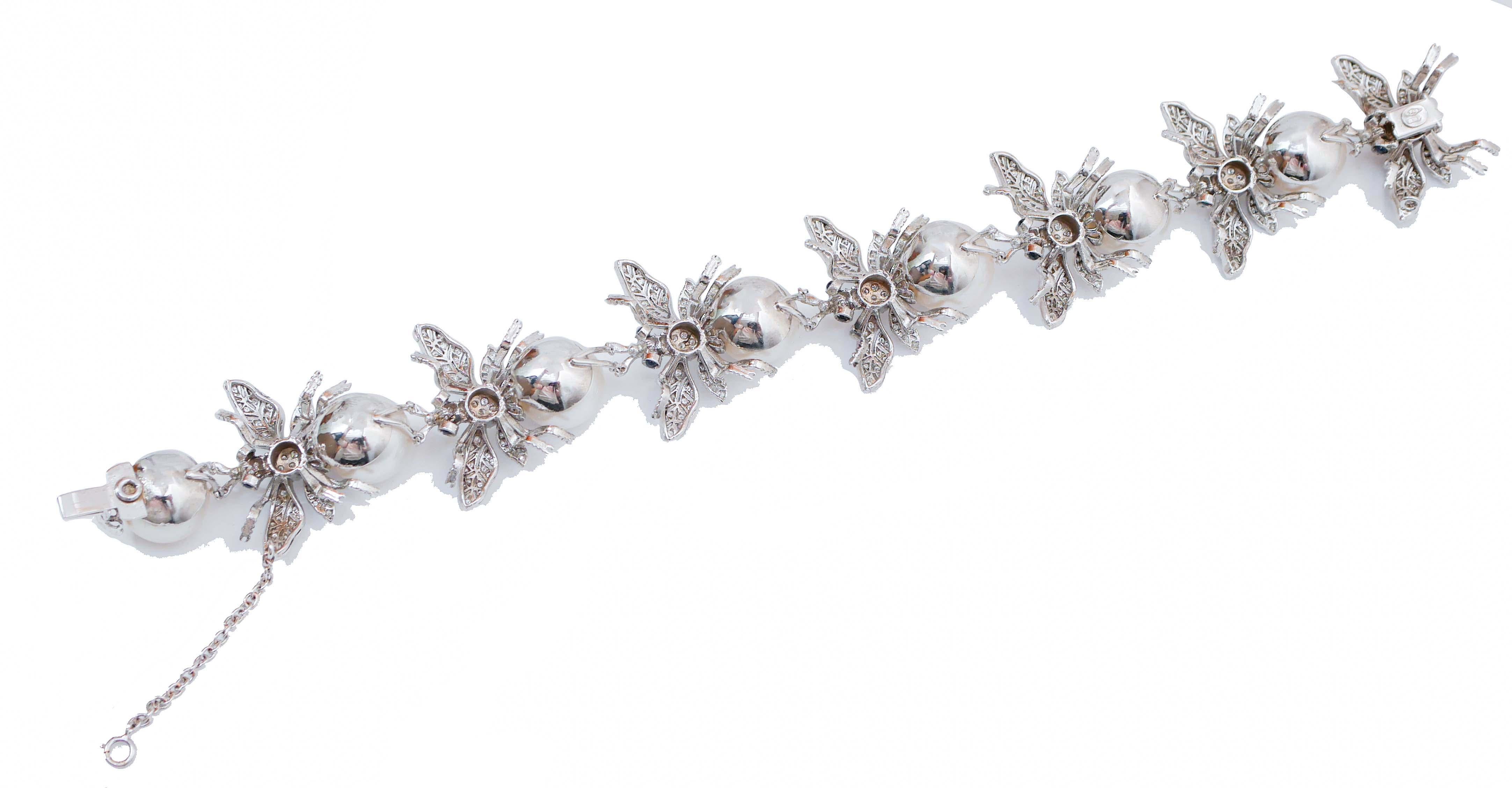 Retro South-Sea Pearls, Sapphires, Diamonds, 14 Karat White Gold Fly Shape Bracelet. For Sale