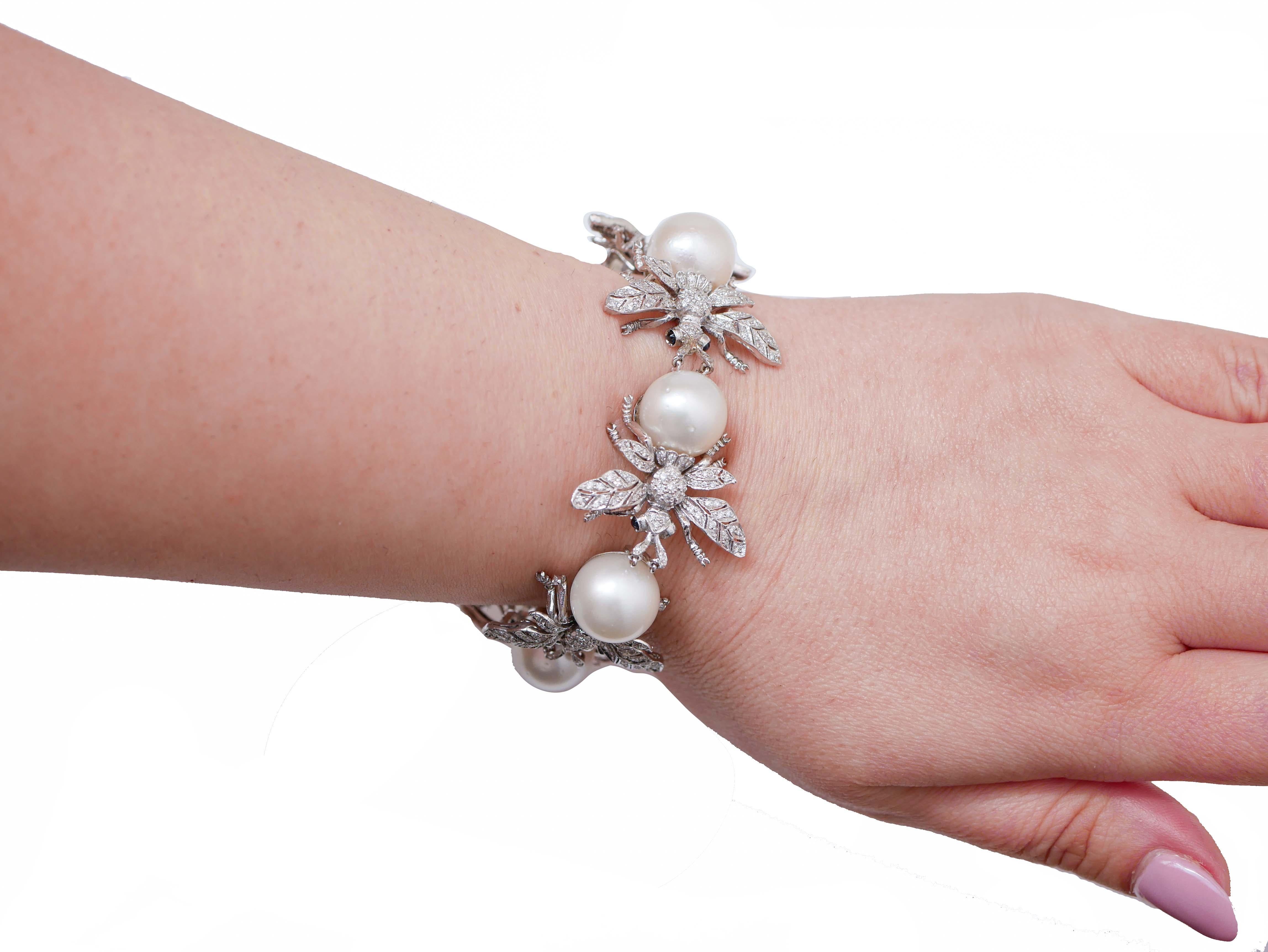 Mixed Cut South-Sea Pearls, Sapphires, Diamonds, 14 Karat White Gold Fly Shape Bracelet. For Sale