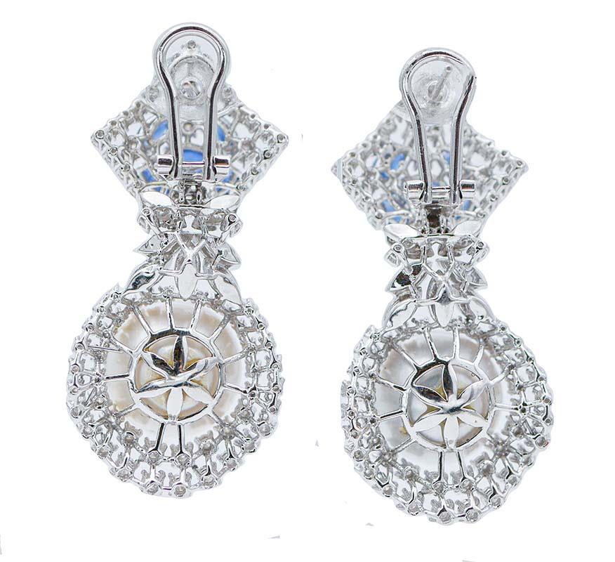 Retro South-Sea Pearls, Sapphires, Diamonds, 18 Karat White Gold Earrings For Sale