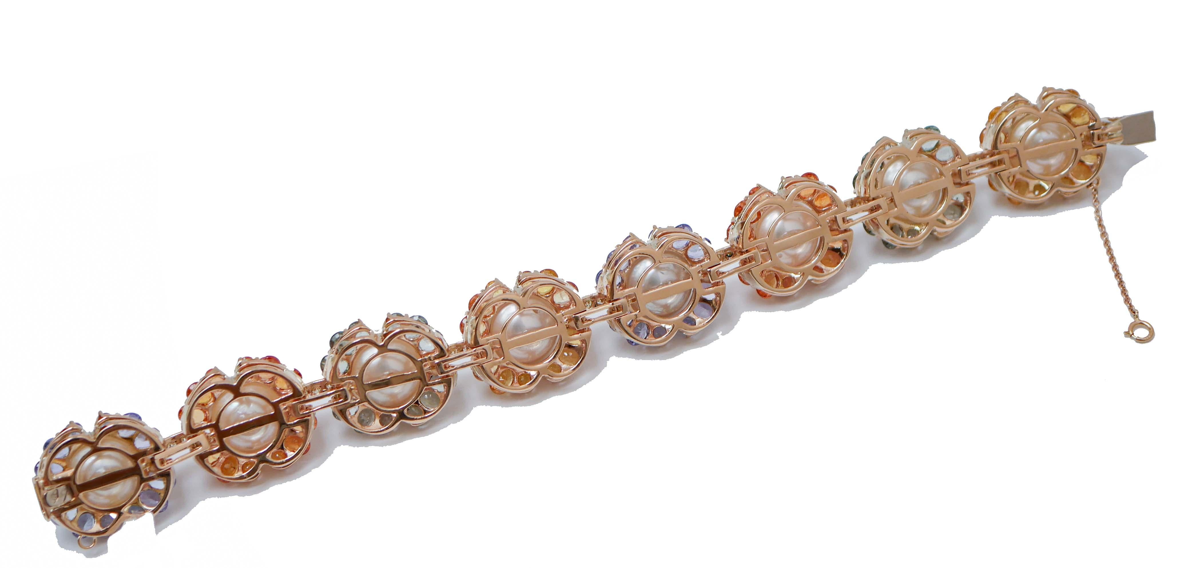 Retro South-Sea Pearls, Tanzanite, Sapphires, Diamonds, 14 Karat Rose Gold Bracelet. For Sale