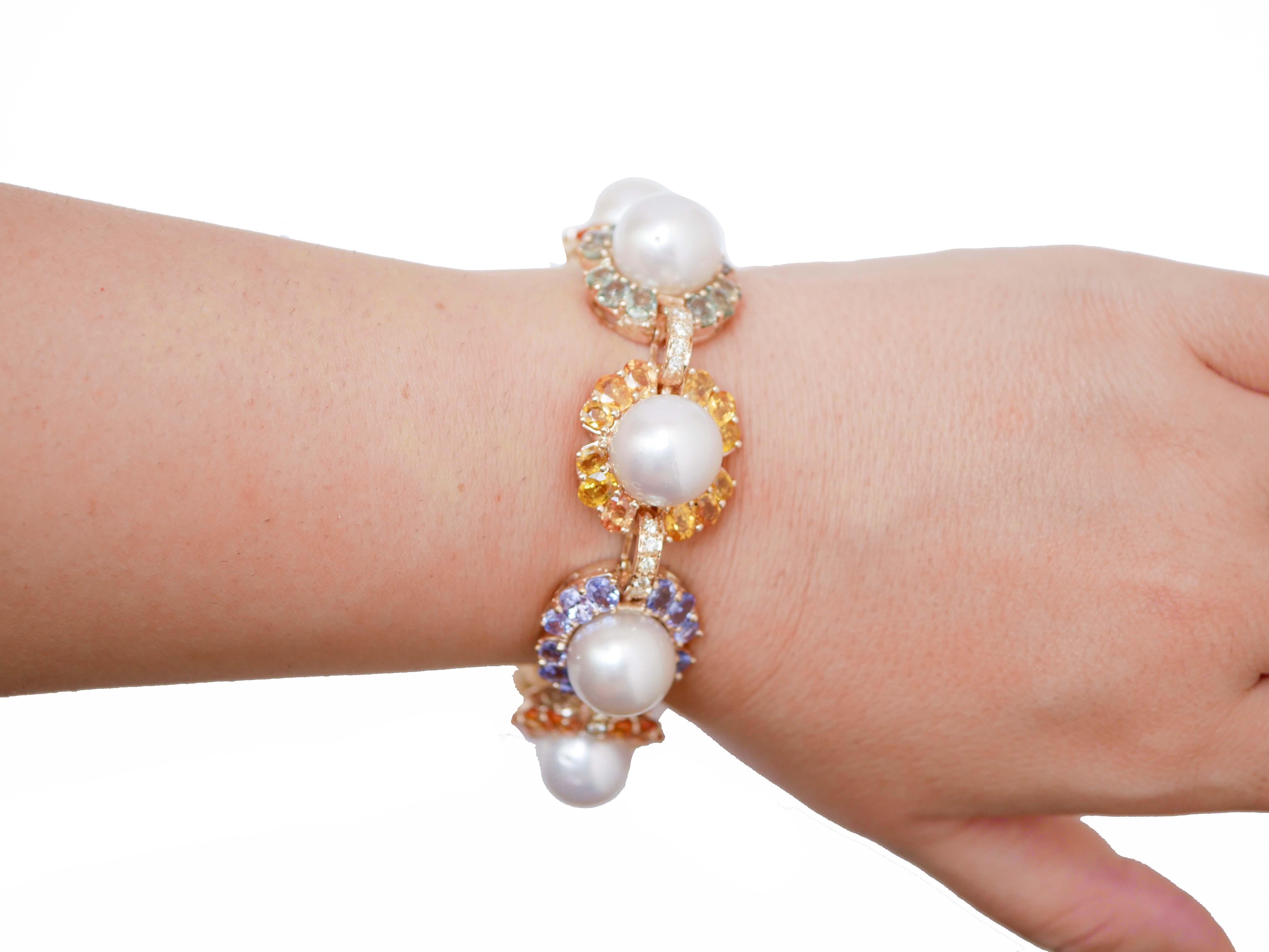 Mixed Cut South-Sea Pearls, Tanzanite, Sapphires, Diamonds, 14 Karat Rose Gold Bracelet. For Sale