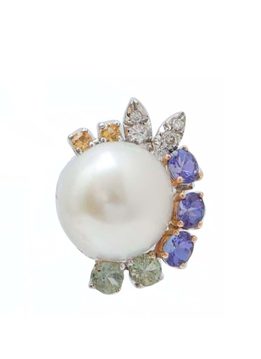 Rétro Boucles d'oreilles en or blanc 18 carats, tanzanite, saphirs, diamants et perles des mers du Sud en vente