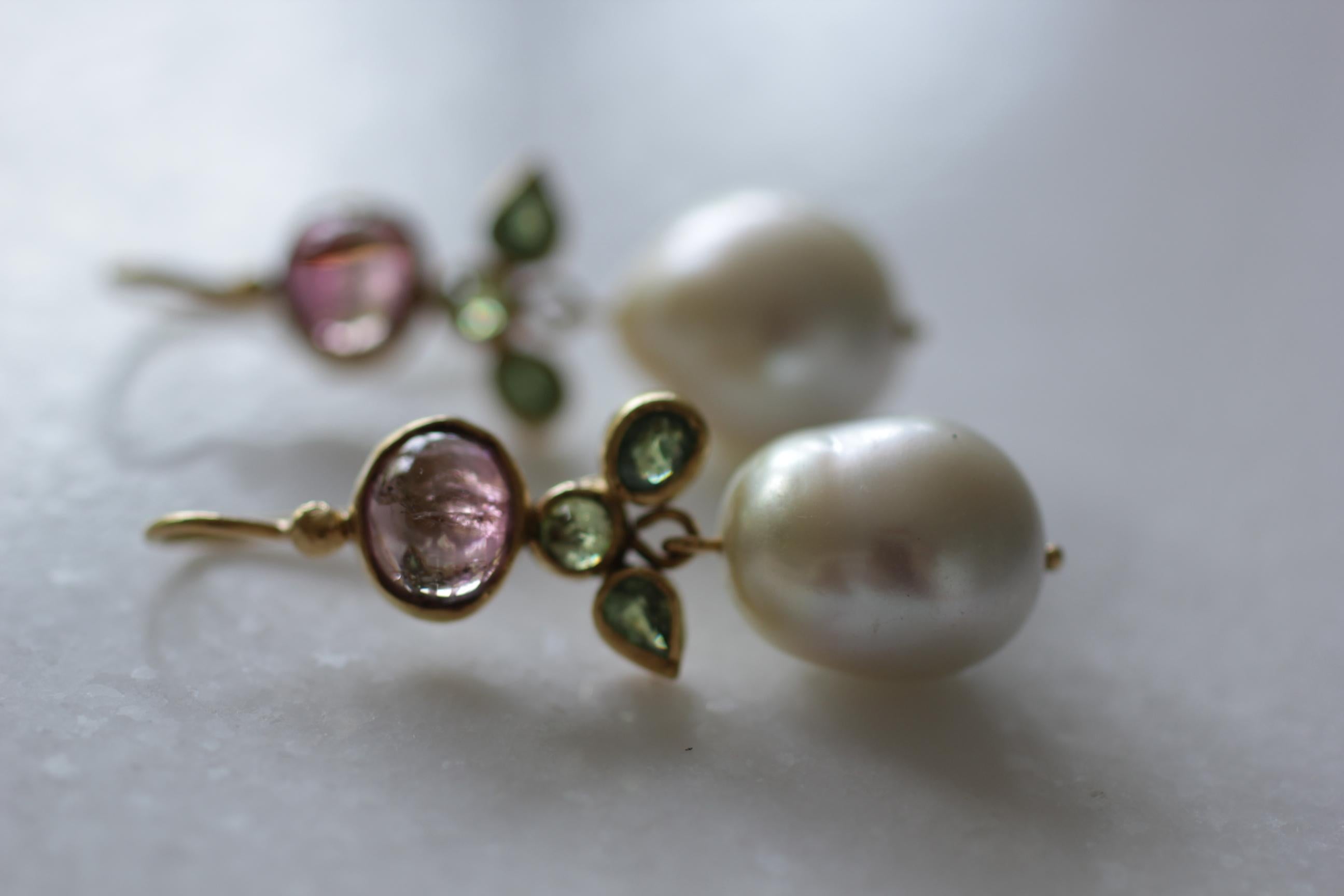 South Sea Pearls Tourmaline Demantoid Garnets 22k-21k Gold Dangle Drop Earrings  4
